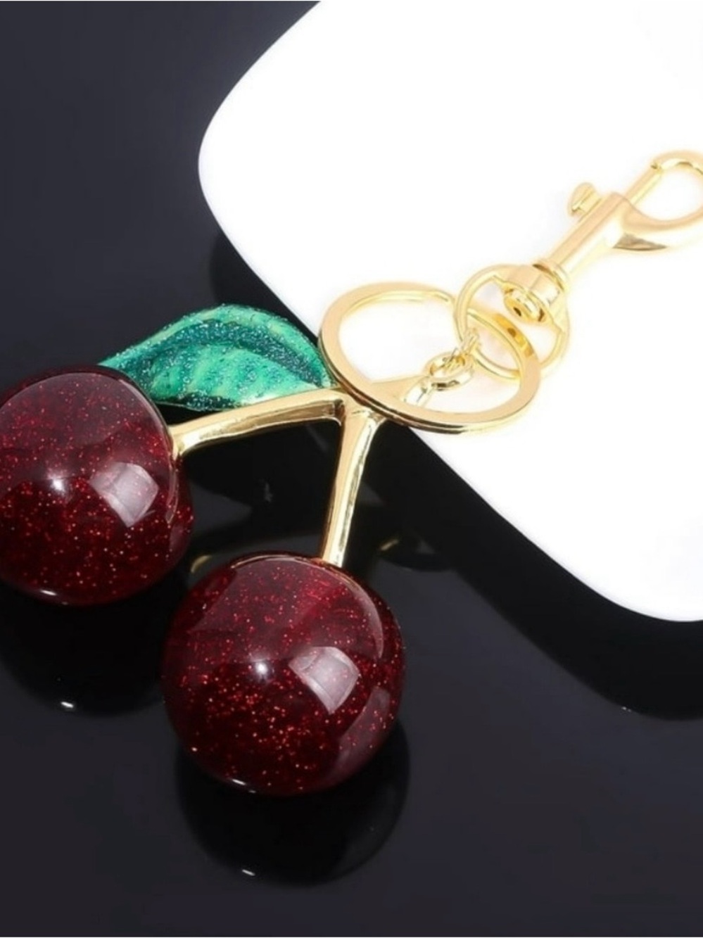 Cherry Keychain Charm in Red and Green with Gold Hardware - Picture 2 of 2